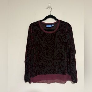 Simply Vera Wang Burgundy Velvet Burnout Long Sleeve Top Size Petite Large